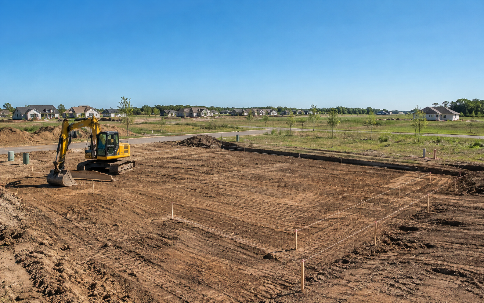 Excavator grading a prepared building lot before construction
