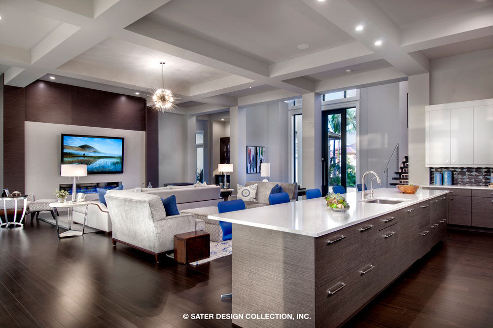 Waters Edge House Plan&#39;s view from the kitchen out to the grand salan